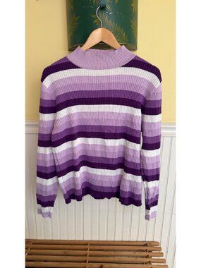 Shiny By Nature Womens Ribbed Knit Striped Sweater Purple White Long Sleeve Mock